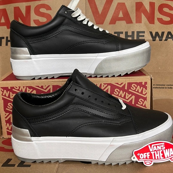 Vans Old Skool Stacked Platforms Shiny Black/True White Men’s - Picture 2 of 16